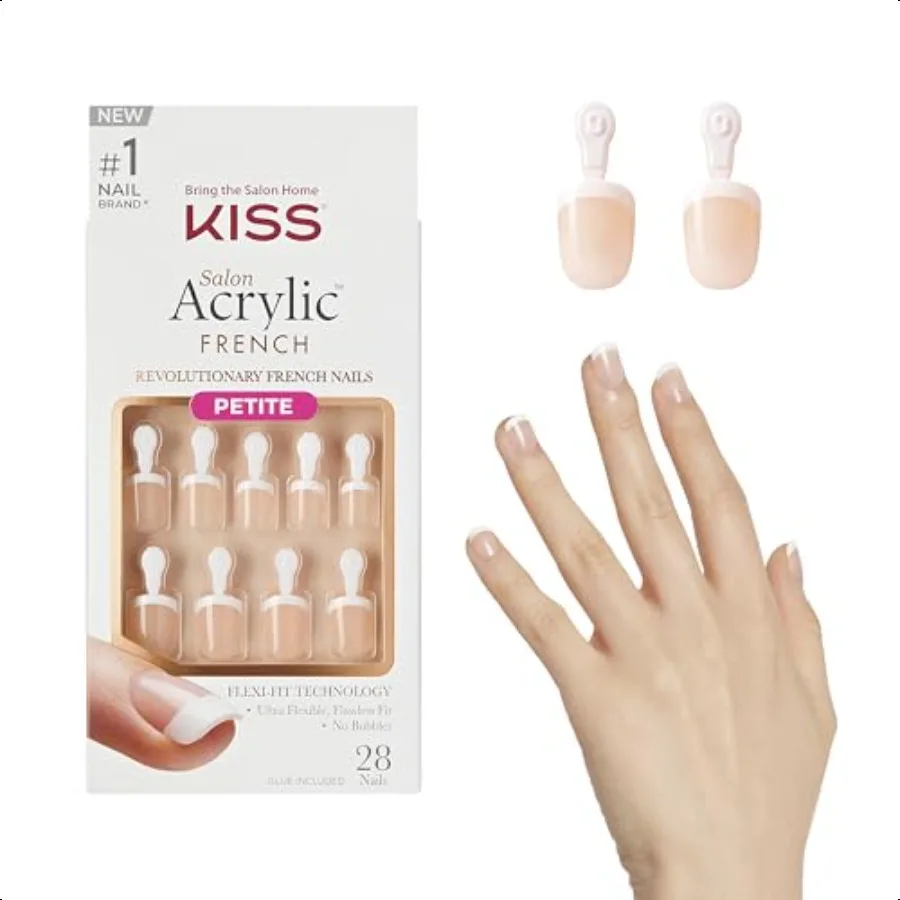 

KISS Salon Acrylic PrOn Nails Клей для ногтей в комплекте «Crush Hour» Французский миниатюрный размер Squoval Shape В комплект входят 28 ногтей 2 г Клей 1 маник