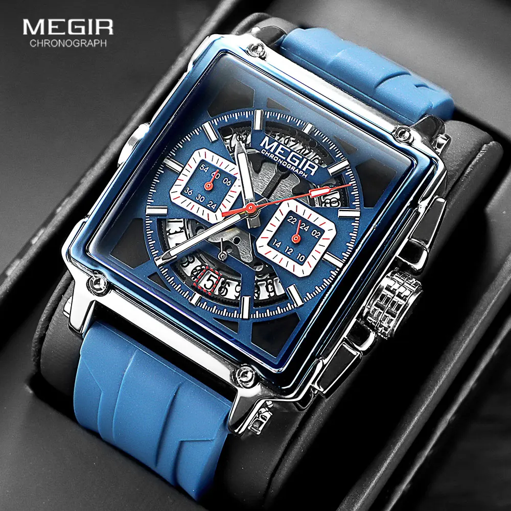 MEGIR quadrante quadrato orologio sportivo al quarzo da uomo moda impermeabile orologio da polso luminoso con cronografo data cinturino in silicone blu 2233