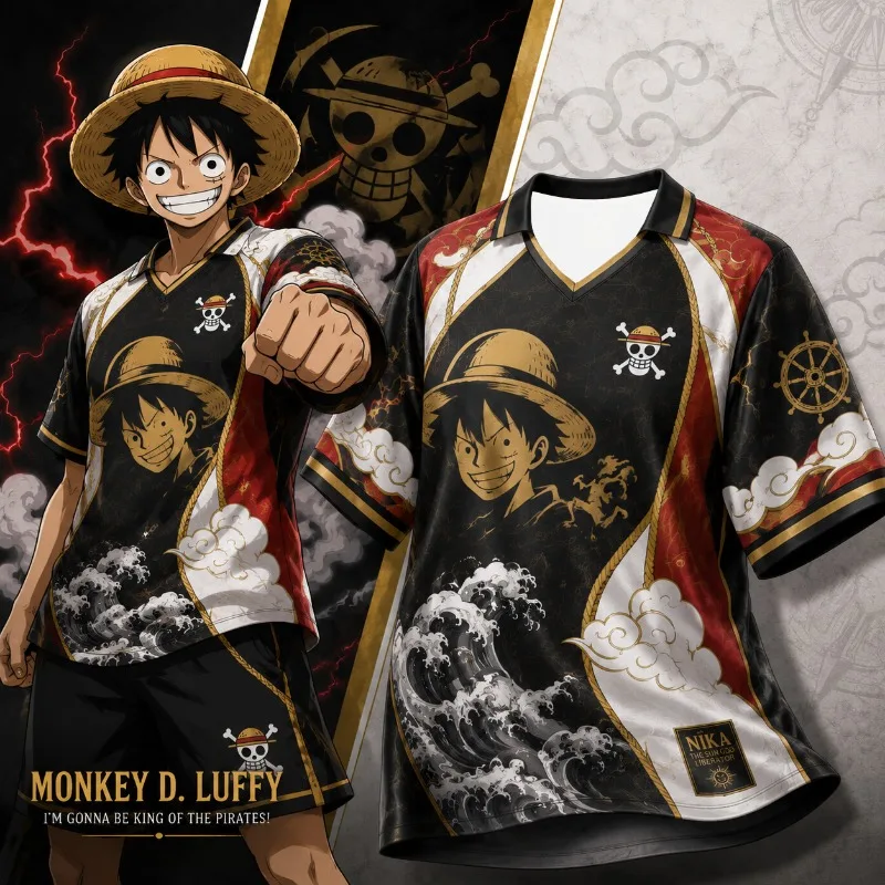 One Piece Luffy Straw Hat Pirate Anime Soccer Jersey Men Women Red Nautical Map Gold Trim Double Sided Anime Graphic Street Tops