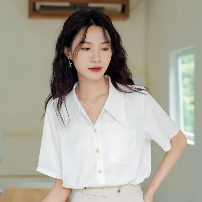 

Women Summer Simplicity Office Lady Solid Color Polo Collar Short Sleeve Shirts Ladies Fashion Temperament All-match Casual Tops