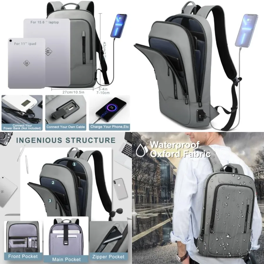 

Backpack for Men Business Slim Backpack with USB Charger Computer Lightweight Anti-theft Travel Backpacks Water Resistant Lapto