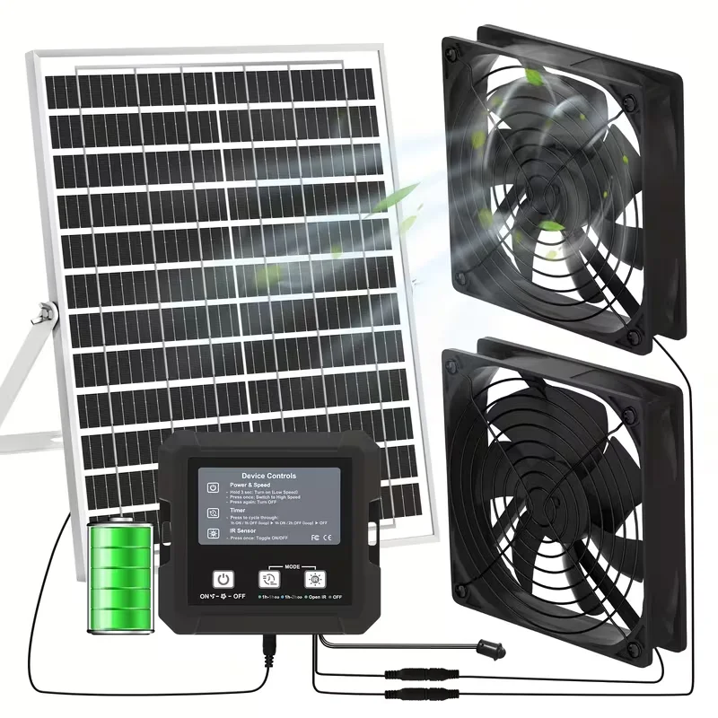 25W Solar Powered Exhaust Fan Kit For Chicken Coop With Battery, Solar Exhaust Fan For Shed, Greenhouse, Dog House, 3 Modes Cont