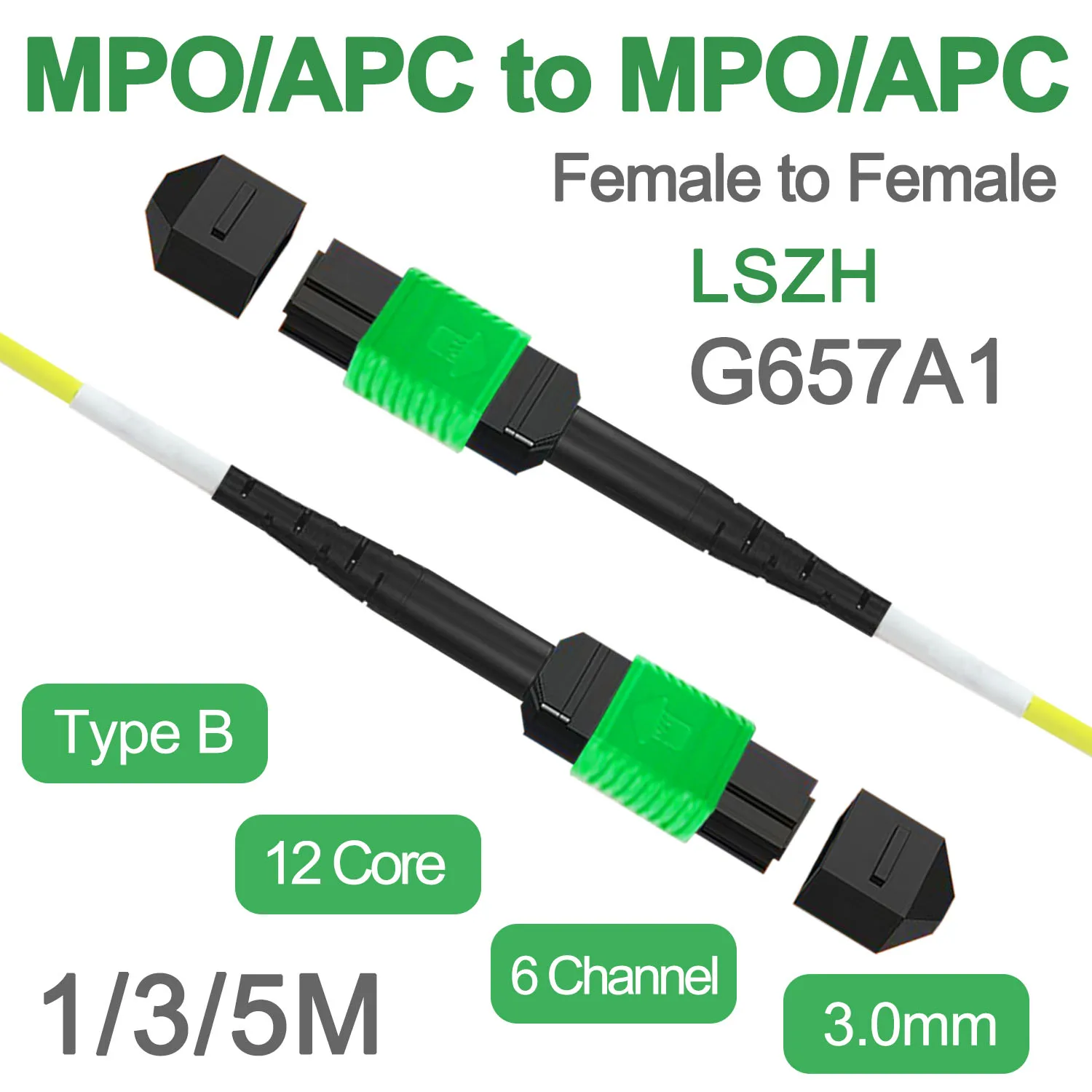 APC MPO Fiber Optic Patch Cable, 12 Core 6 Channel Type B Jumper, Single Mode Female to Female, LSZH 3.0mm G657A1