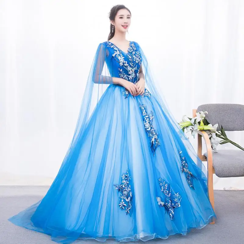 Blue Ball Gown New Classic V-neck Sleeveless Vestidos De Quinceaneras Elegant Lace Floral Long Puffy Dresses For Prom Customized