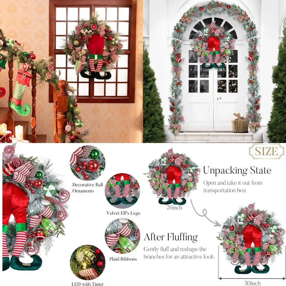 

Пишный 30-световой рождественский венок с красными, зелеными и белыми шариками и ножкой эльфа для праздничного декора на открытом воздухе