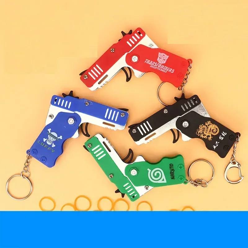 

5PC MINI Toy Gun Keychain 50 Rubber Bands Folding Rubber Band Gun Shooting Pistol Alloy Key Charm Pendant Kid Outdoor Party Gift