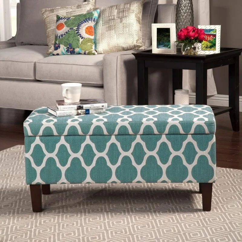 Large Upholstered Rectangular Storage Ottoman Bench with Hinged Lid, Teal Blue Geometric