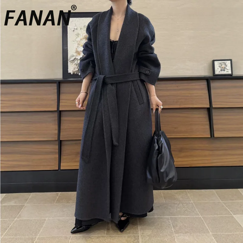FANAN Women Long Wool Coat Lapel Collar Belted Waist Wrap Style Loose Maxi Length Double Sided Woolen Overcoat Winter Elegant