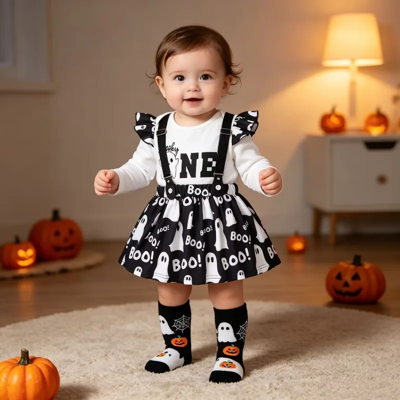 Newborn Infant Toddler Baby Girls Halloween Spooky One Bodysuit Romper Black Ruffled Top Ghost Tutu Skirt  Pom Pom Trim 0 24M
