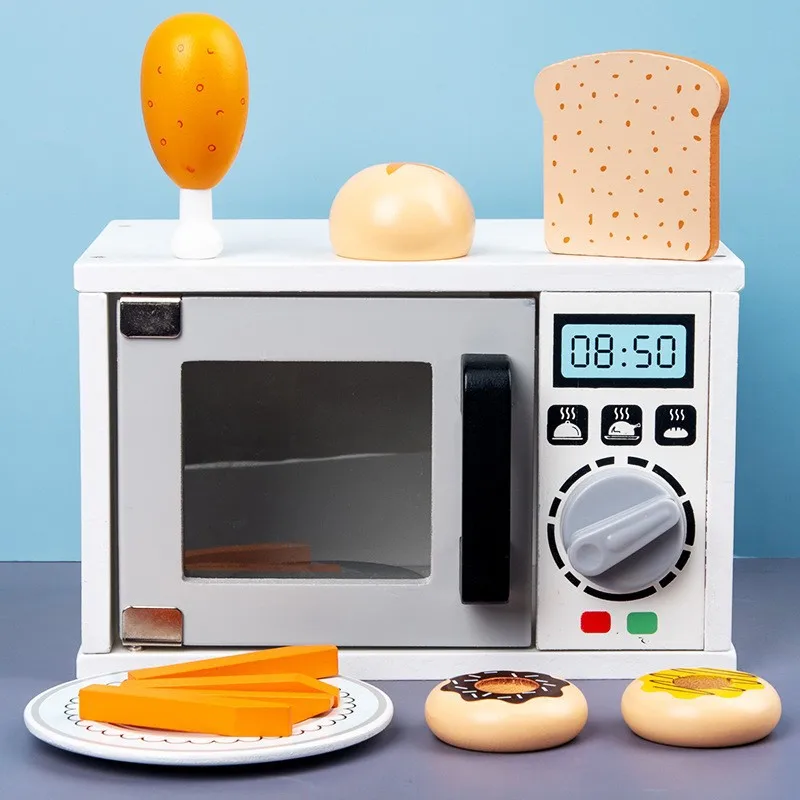 Wooden Kitchen Pretend Play Toy Simulation Wooden Microwave Oven Machine Baby Early Learning Educational Toys