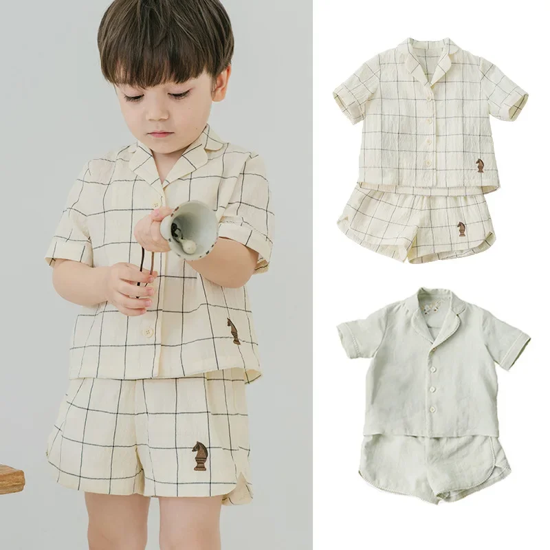 2024 Baby Boy Outfit Set Baby Boys Summer Pajamas Kids Plaid Single-Breasted Night Clothes Children Sleepwear 2pcs Infant Nighty