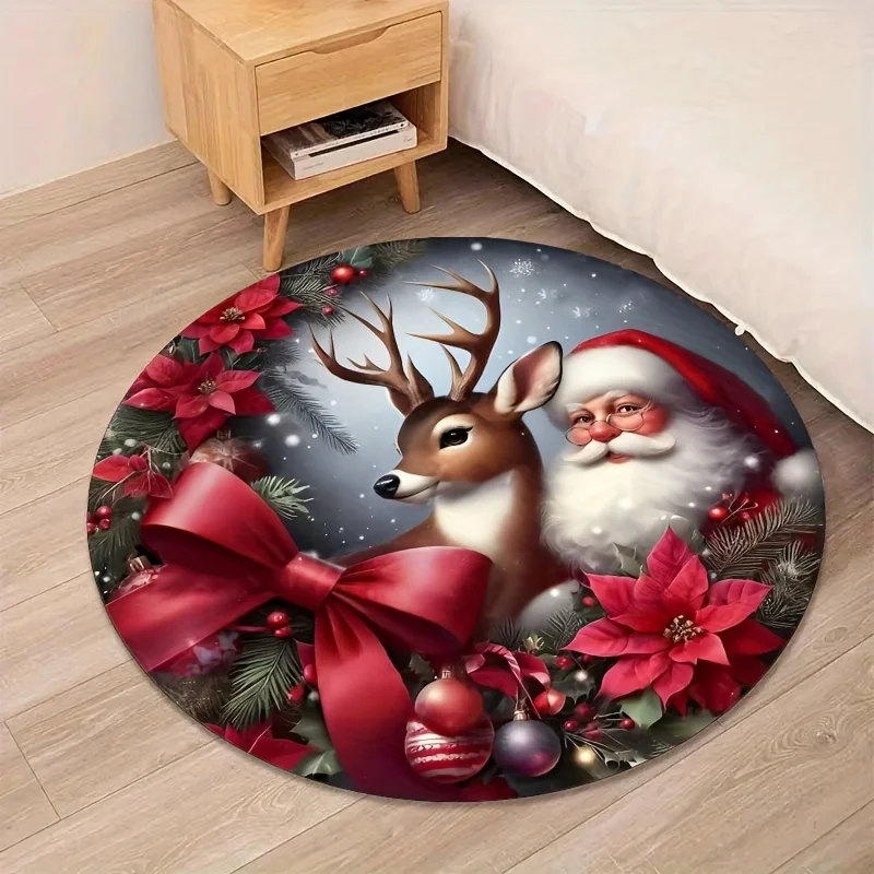 Christmas Santa Reindeer Room Decor Round Area Rug Living Room Non-Slip Chair Mat  Living Room Sofa Chair Mats Xmas Decorations