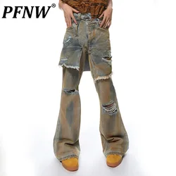 PFNW Hole Spliced Fake Two Hemline Men's Jeans Male Die Dye Washed Loose Bell-bottomed Denim Trousers 2024 Autumn 28W3922