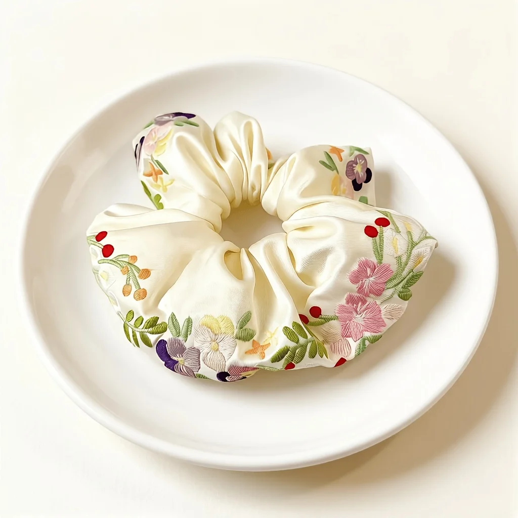 French Girl Heavy Embroidery Floral Scrunchies Minimalist Vintage Ins Style Elastic Hair Ties Soft Stretch Hair Accessories for