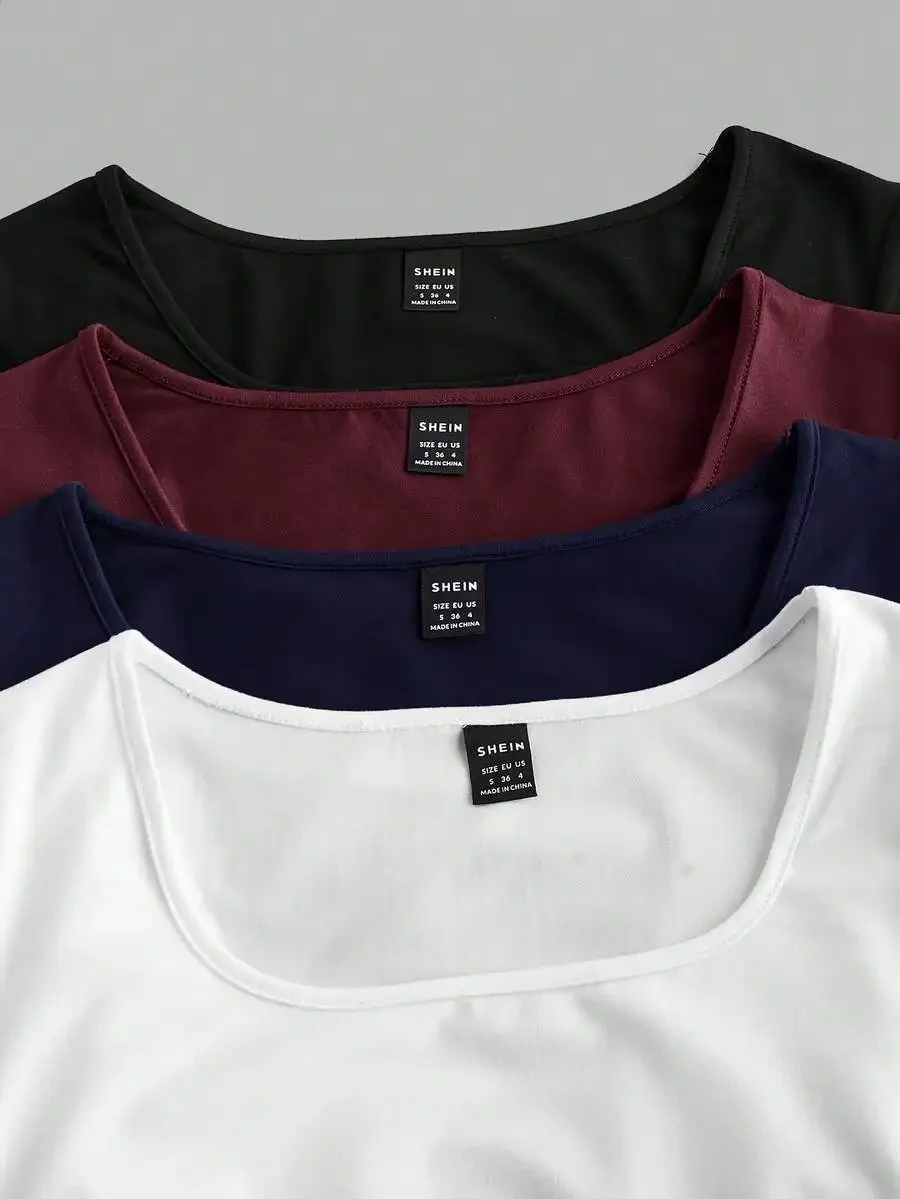 4pcs Set Womens Solid Color Crew Neck Short Sleeve T-Shirts
