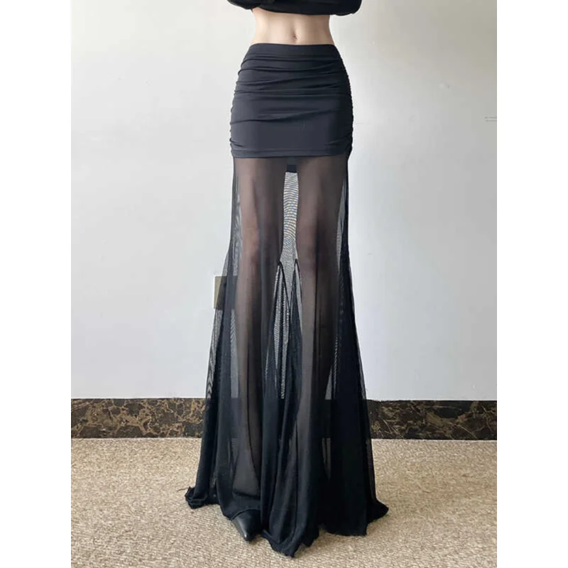 2025 New Style Casual Ladylike Fish Tail Skirt Women's mid Waist Polyester Fiber A-Line Skirt Mesh Splicing Butt Covering ...