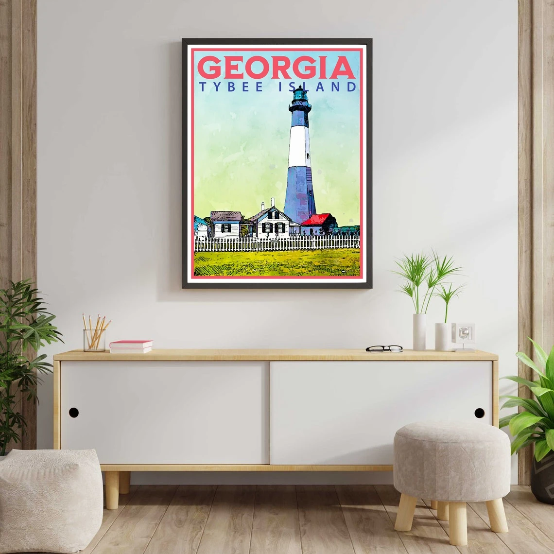 ملصق جورجيا للسفر، طباعة على الطراز العتيق، ديكور، منارة تايبي آيلاند، فن الحائط، السفر، العطلة، المنزل، تذكار #1