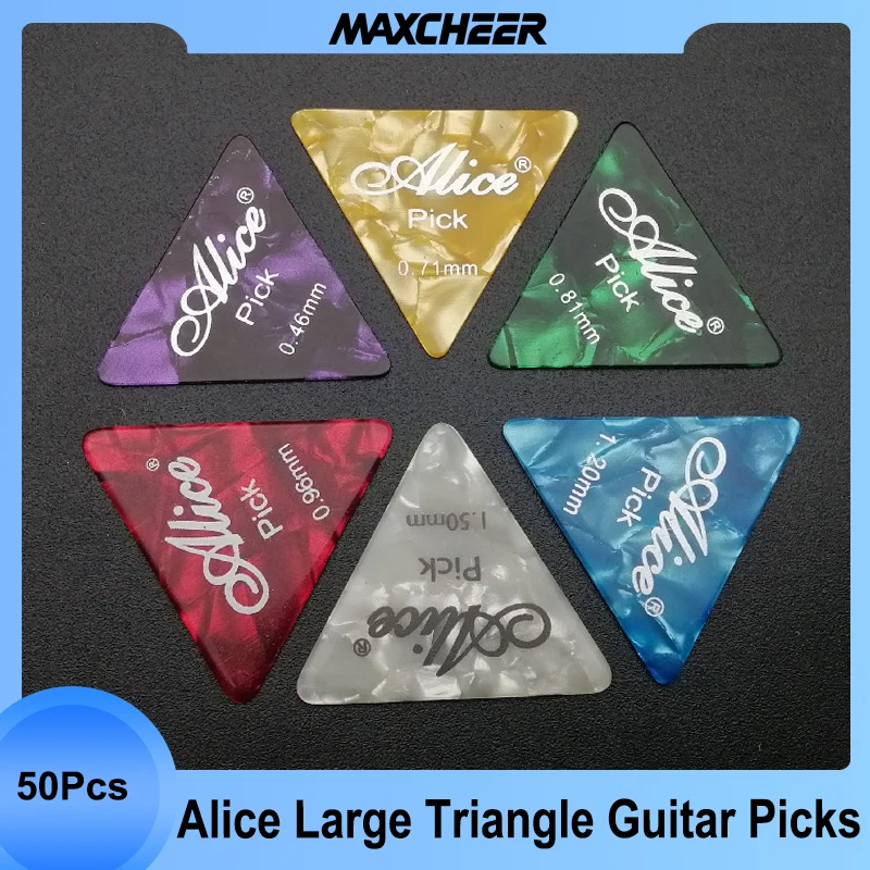 50Pcs/Lot Alice AP-100L Mix Color Celluloid Large Triangle Guitar Picks with Logo Printing 0.46/0.71/0.81/0.96/1.2/1.5MM