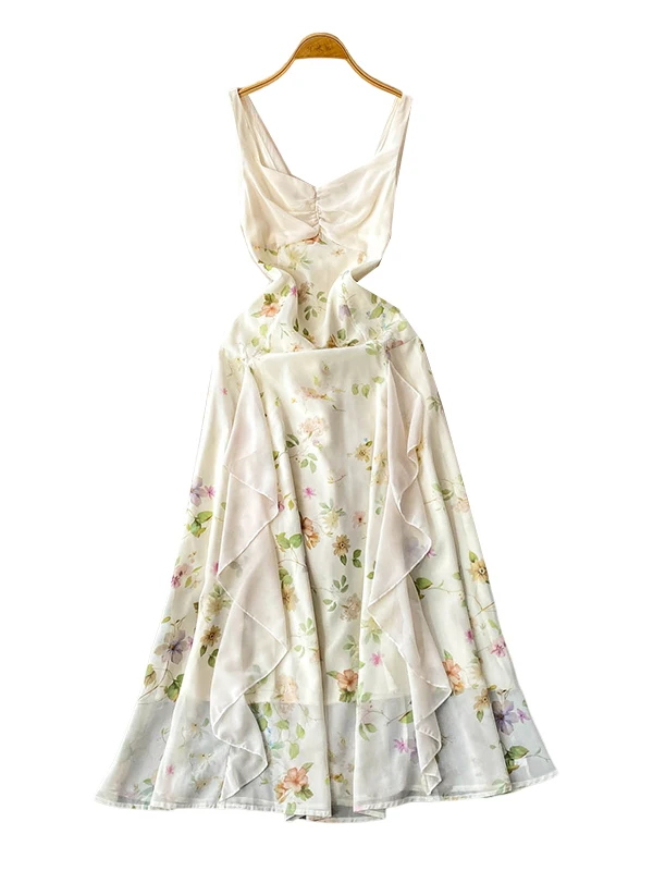 กระโปรงชีฟองลายดอกไม้ทรงเอวเข้ารูป ผูกโบว์ สายไขว้ คอวี สำหรับผู้หญิง รุ่น Summer Pure Desire Splice พร้อมกระโปรงบานใหญ่และลายดอกบัว