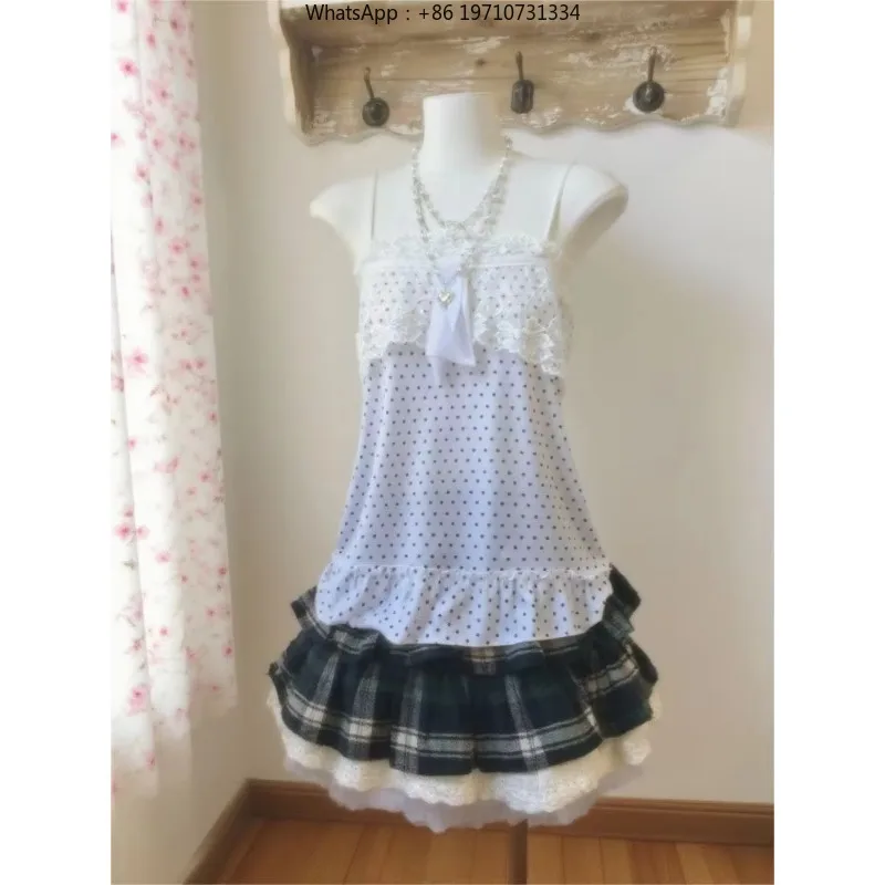 Women Hepburn Style 3 Piece Set Polka Dot Sling and Short Skirt Vintage Lace Outfit