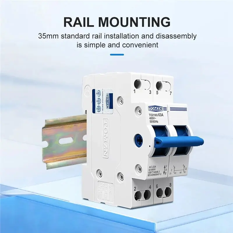 TOMZN TO219G Blue MTS 2P 63A 400V- AC 50/60Hz Dual Power Manual Transfer Isolating Switch Interlock Generator City Power PV