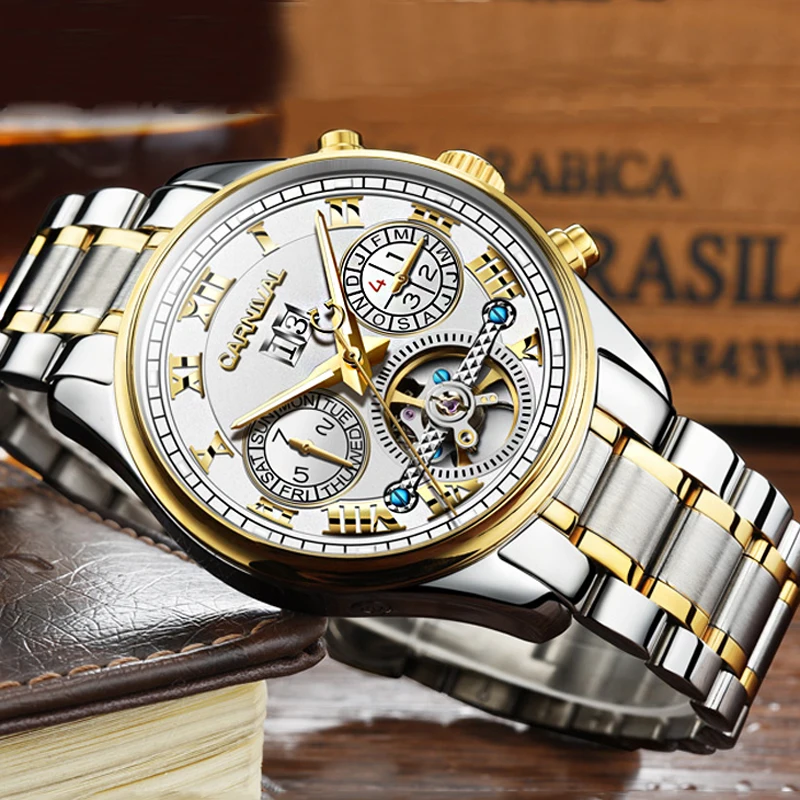 

CARNIVAL Tourbillon Mens Watches Top Brand Luxury Automatic Mechanical Watch Men Casual Waterproof Watch Relogio Masculino