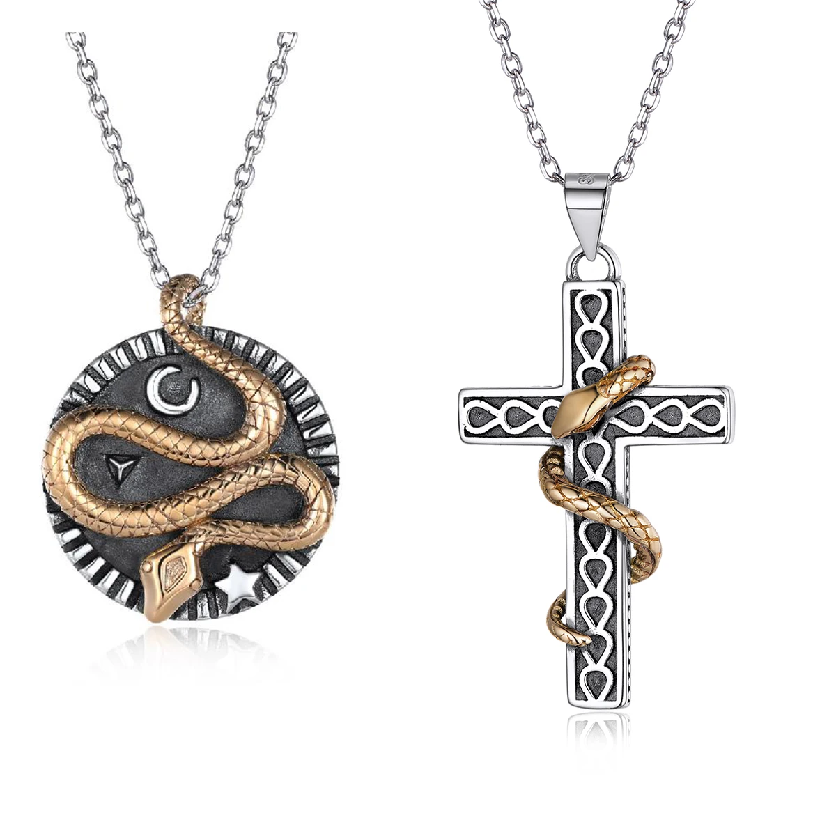 

U7 925 Sterling Silver Round Coin Cross with Brass Snake Necklaces Animal Charm 2025 Year of Sanke Unisex Jewelry Gift Clearance