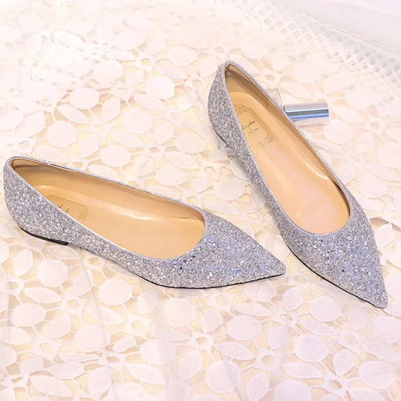 

New Fashion Women Flats Pointed toe Brand Ladies Bling Shoes Flat Elegant Pink Gold Silver Big Size 42 DX084