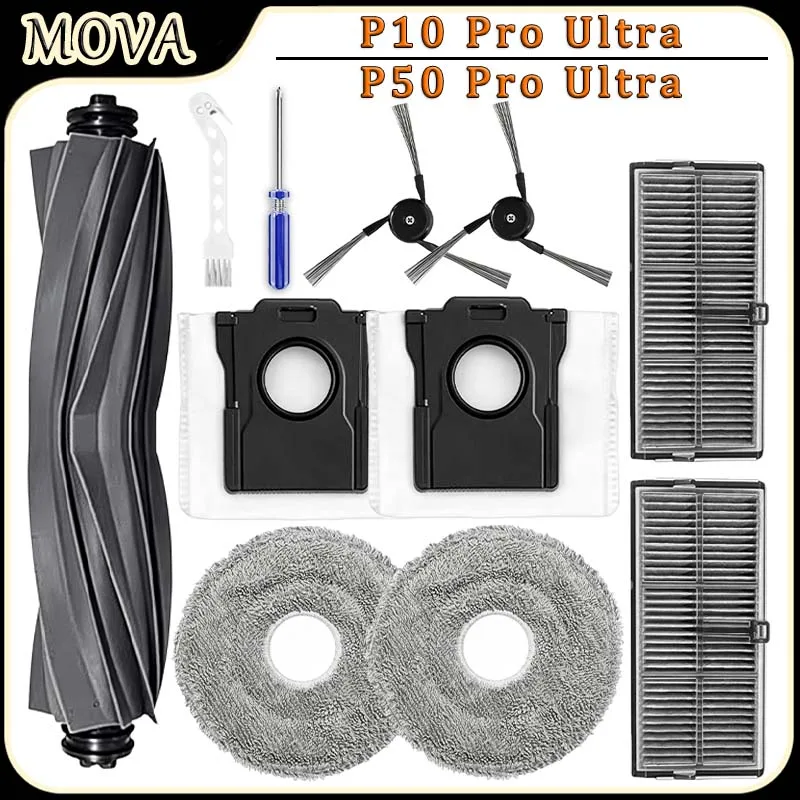 Replacement Parts Kit For MOVA P10 Pro Ultra/P50 Pro Ultra Robot Vacuum Accessories, Main Side Brush,Filter,Mop Cloth,Dust Bags