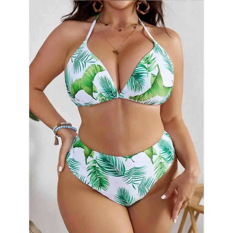 Women 3Pcs Tropical Leaf Bikini Set, Halter Bikini Top Long Sleeve Romper Cover Up, Quick Dry Swimwear for Brazil Beach Vacation