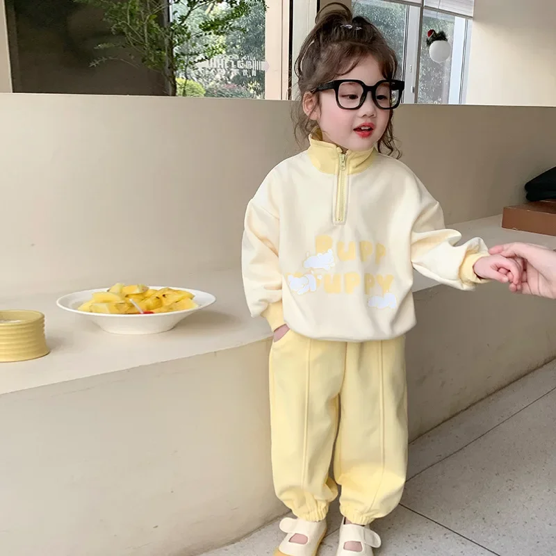 Girls Suit 2026 Autumn New Children's Clothing Korean Style Girl Baby Fashion Cute Standing Collar Hoodie Sports Two Piece Set