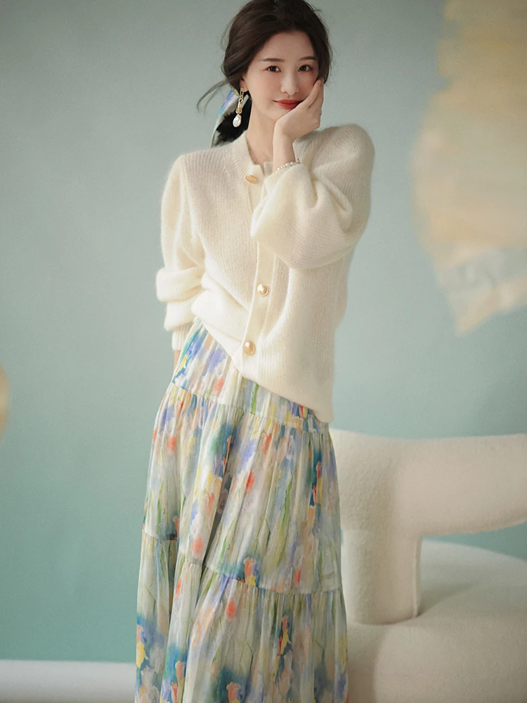 Strong Temperament Chic Unique Suit Skirt Slightly Fat High-Grade White Cardigan Floral Dress