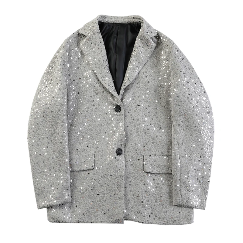 

Мужской повседневный пиджак свободного кроя с пайетками, на двух пуговицах, однобортный, с отложным воротником, серый, осень-зима 2026