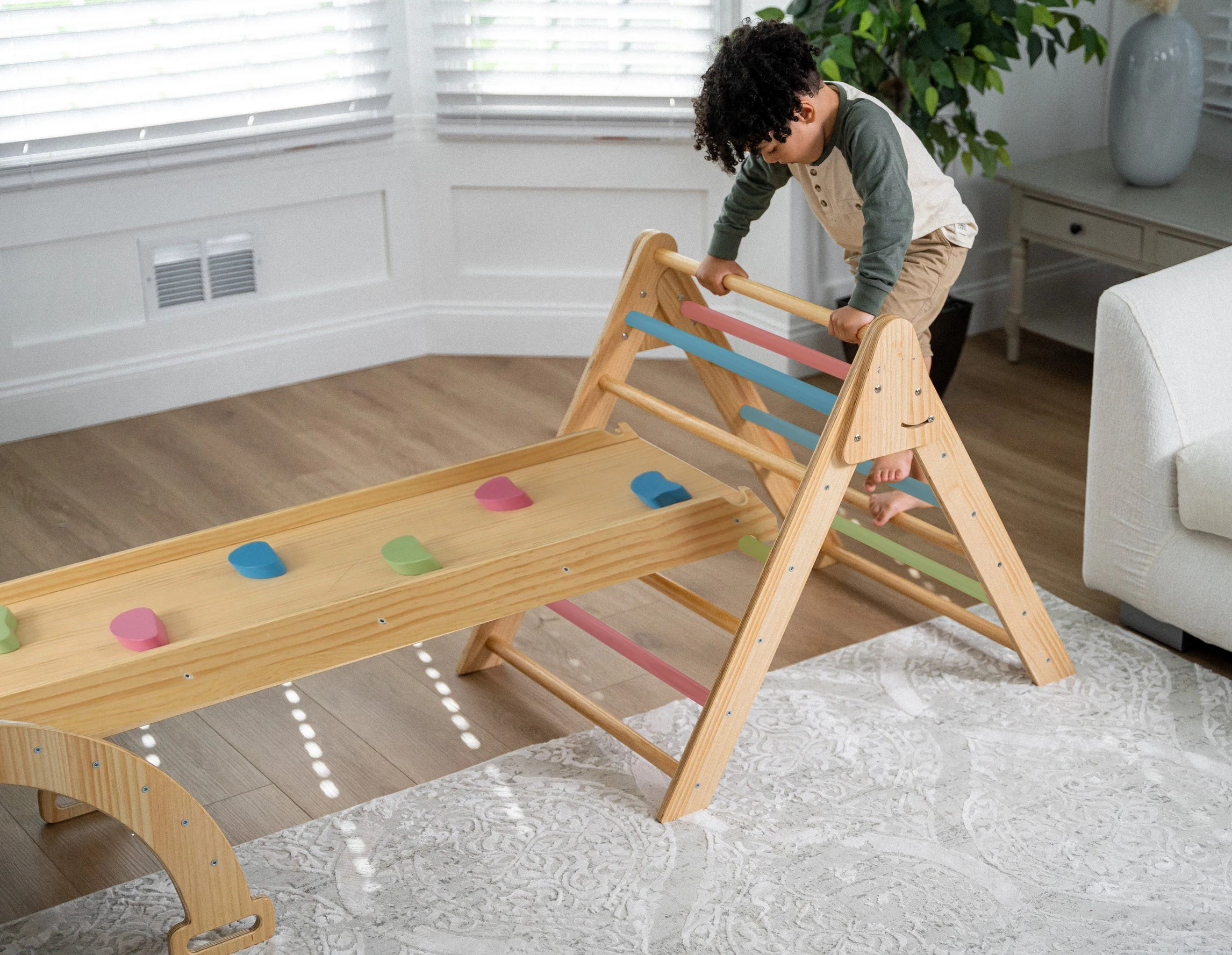 Waldorf Triangle Climbing Set, Foldable Wooden Ladder Ramp Slide, Indoor Kids Play Gym Toy Activity Fun Climb Slide Adventure