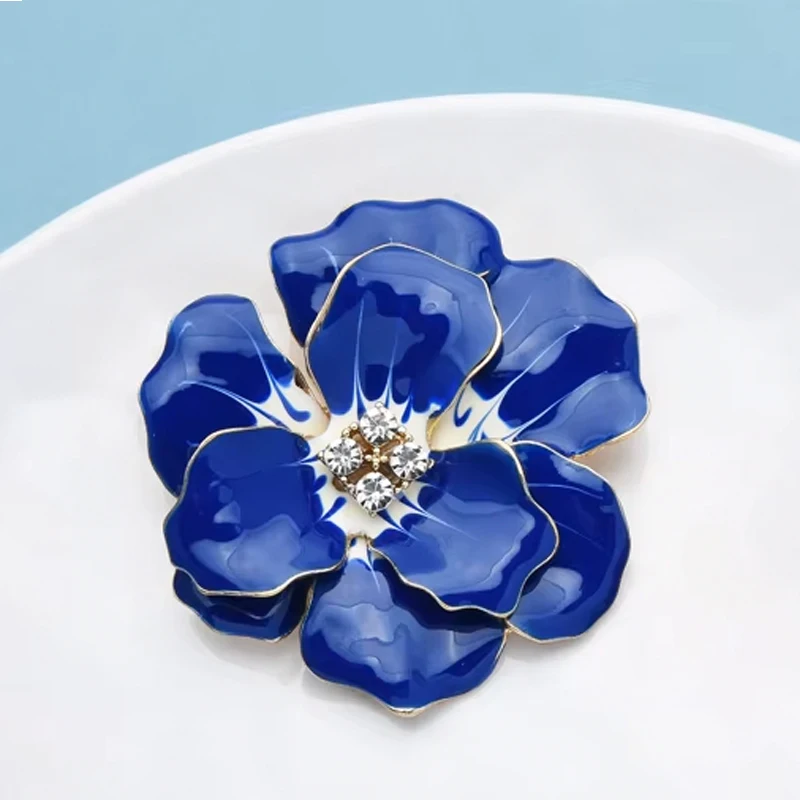 Wuli&baby Big Blue Enamel Flower Brooch Pin Jewelry Gift Metal Badge Rose Badge