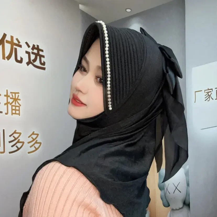 Muslim Sweet Cute Girls Big Bow Pearl Sponge Hat Hijab