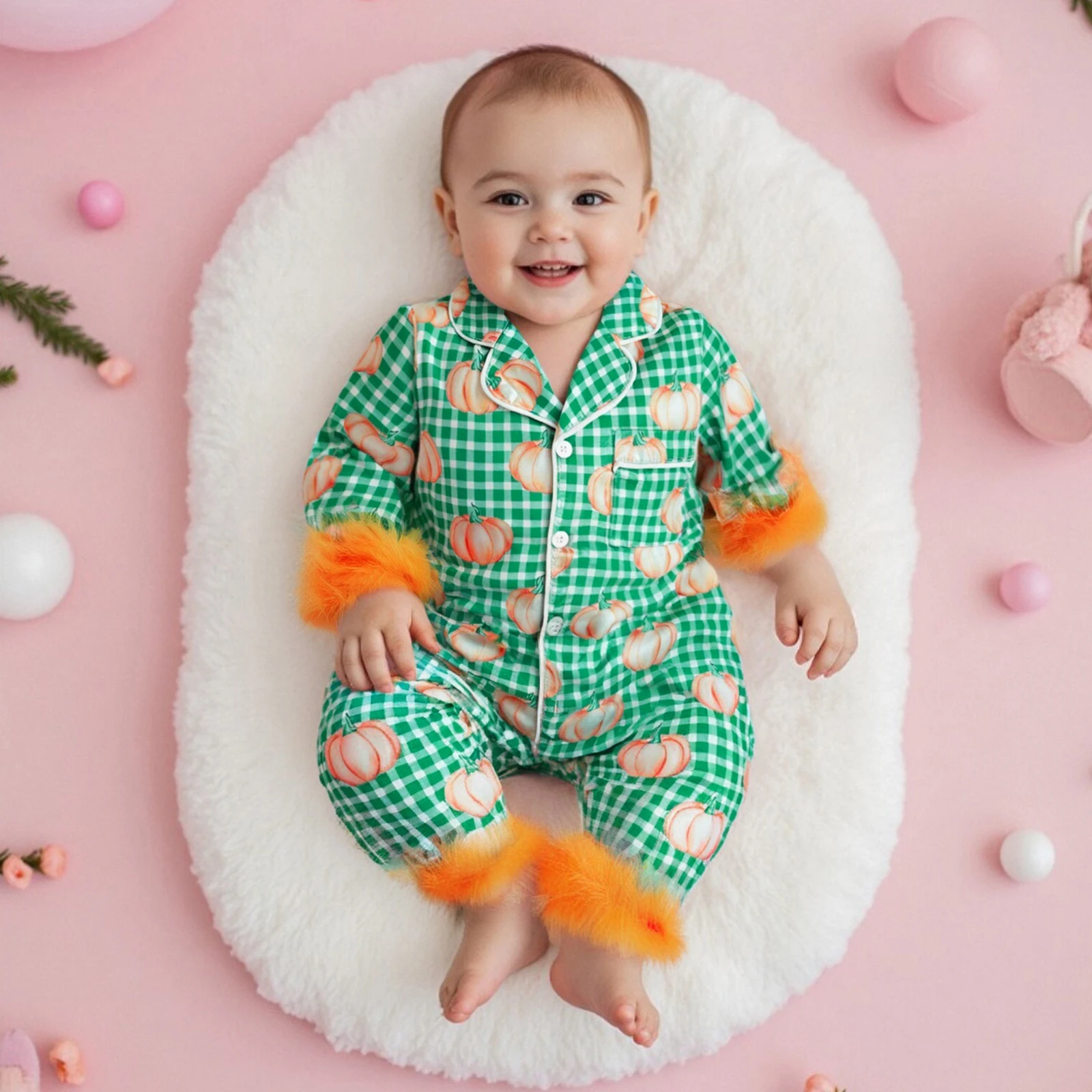 

Baby Clothing Girl Fall Romper Long Sleeve Lapel Collar Pumpkin Print Jumpsuit Infant Pajamas Clothes