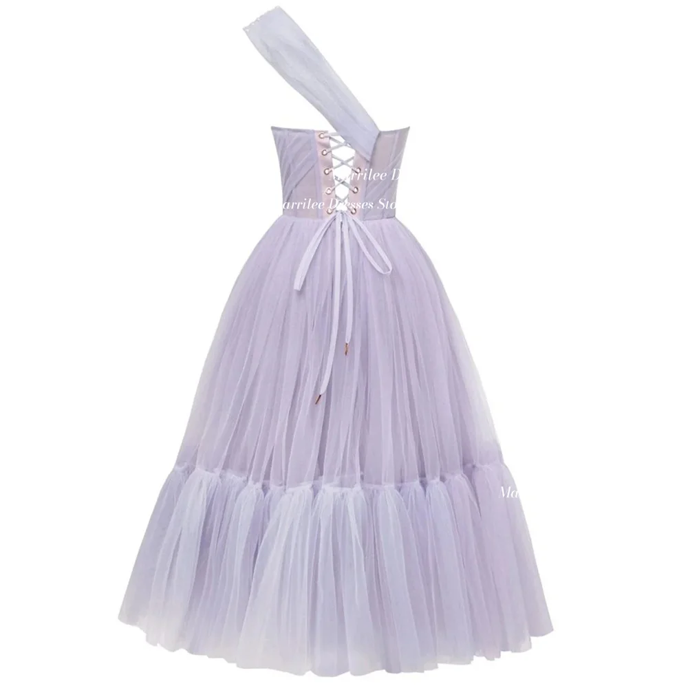 Marrilee Elegant Princess Purple Tulle Tea Length One Shoulder Evening Dress Charming Sleeveless Tiered Pleats Lace Up Prom Gown