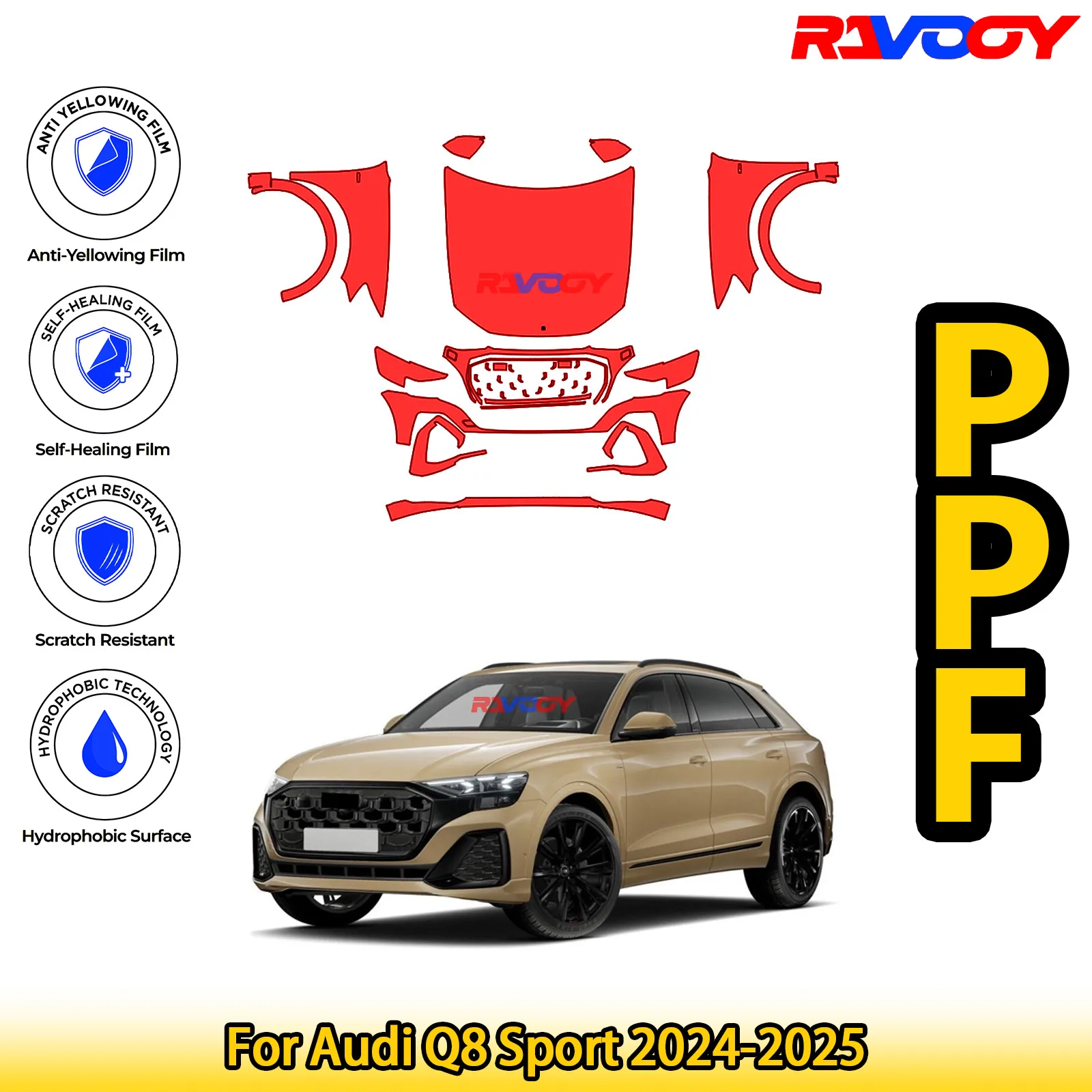 

Для Audi Q8 Sport 2024-2025 глянцевая матовая черная предварительно вырезанная передняя защитная пленка PPF для защиты от краски