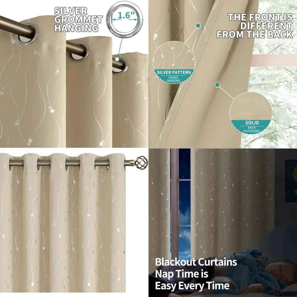 60 rideaux à œillets assortis pour pièce large, isolation thermique avec motif de lignes et de points, 2 panneaux beiges, 60x84