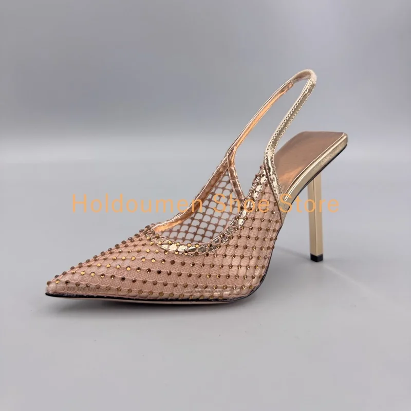 

Летние модные роскошные сандалии с вырезами и стразами, сексуальные туфли на шпильке с острым носком, цвета: шампань, оружейная сталь, черный, красный