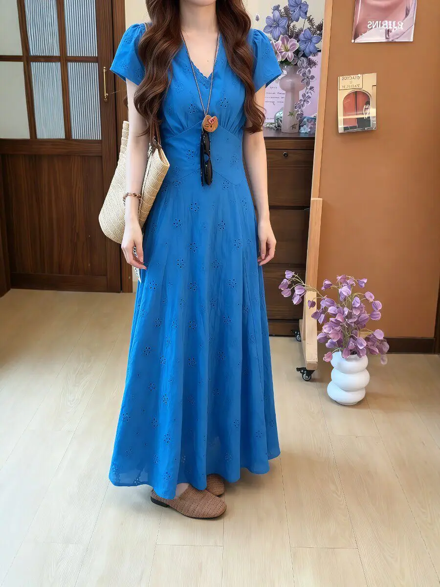 plus Size Floral Print Slim Fit V-Neck Hollow out Dress Korean Style Casual Summer New Arrival Long Dress for Young Women
