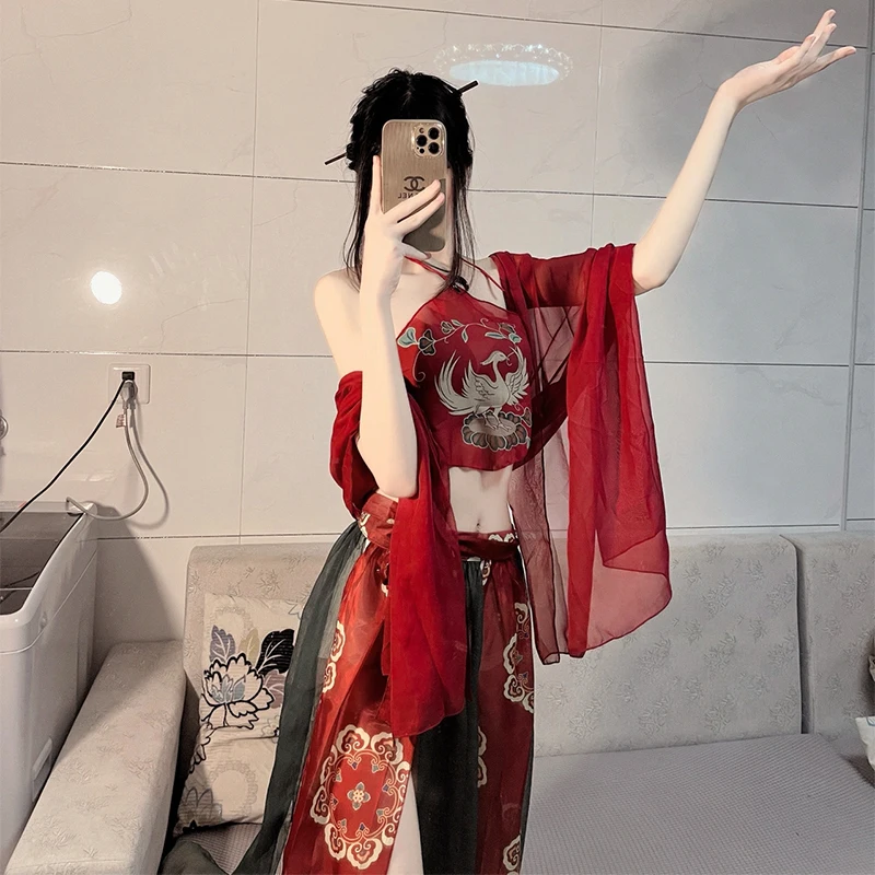 Chinese Red Sexy Hanfu Apron Women\'s Pure Desire Lingerie Suspender Skirt Uniform Hot Shawl Temptation Pajamas Bandage Skirt Set