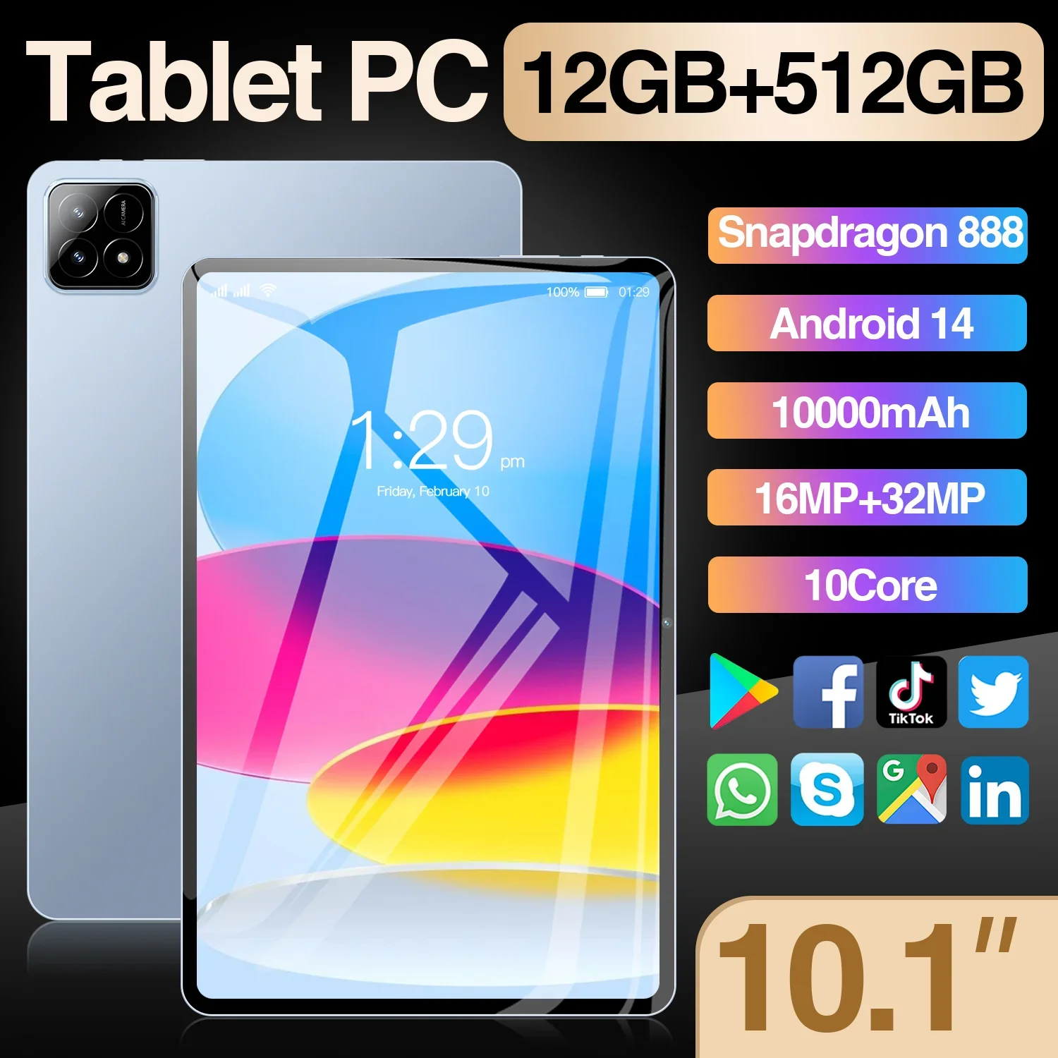 

Get More Done with The Pad 6S Pro - Dual SIM Android 14/10.1 Inch HD Display 12GB RAM 10000mAh Battery GPS 16MP + 32MP Cameras