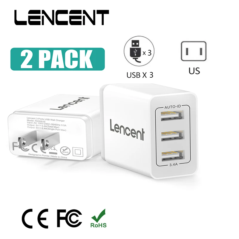 LENCENT US Plug USB Wall Charger with 3 Ports USB 17W/3.4A Portable US Mains Power Adapter with Smart IC Technology for iPhone