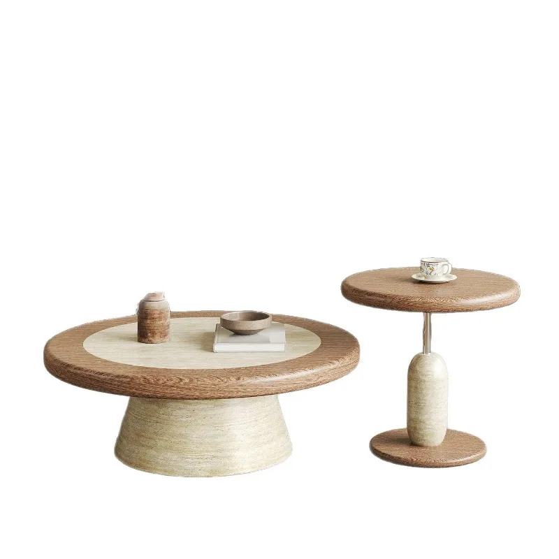Large and small round hole stone coffee table combination, small apartment living room medieval and advanced sense