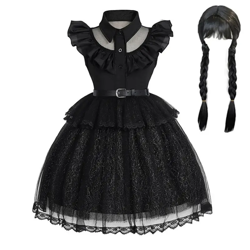 Girls' Halloween New Wednesday Adams Black Dress Flying Sleeves Collar Mesh Belt Splicing Fashion Cosplay Princess Dress