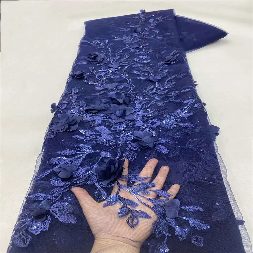3D Flower African Sequins Lace Fabric 2024 High Quality Tulle Lace French Nigerian Net Lace Fabric For Sewing Wedding Dress