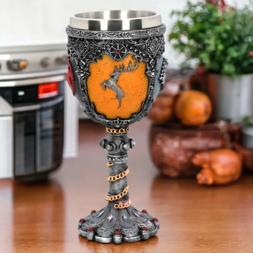 :  1. Exquisite Medieval Dragon Skull Stainless Steel Beer Mug with Resin Detailing 2. Stunning Medieval Red Wine Goblet with Dr