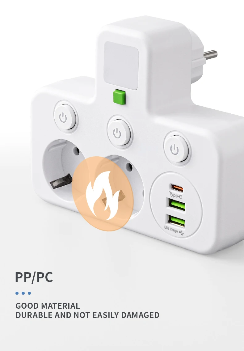 EU-Stecker-Steckdosenleisten. Zwei Spezifikationen mit oder ohne USB-Typ-C-Anschluss. Wandladegerät für das Heimbüro – Detail 26
